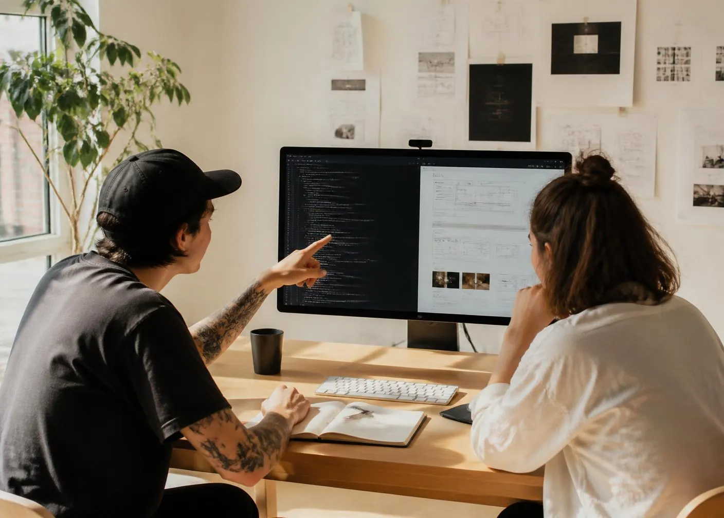 Two engineers reviewing code and interface designs together at a desk